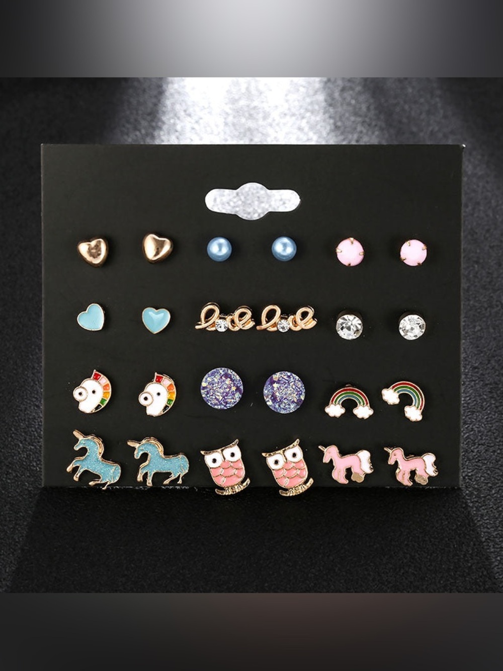 12 Pairs/set Rainbow Unicorn Crystals Shape Stud Rhodium Plated Earrings NEW